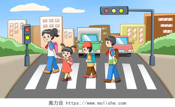 卡通风格学生过马路走斑马线注意交通安全宣传插画元素